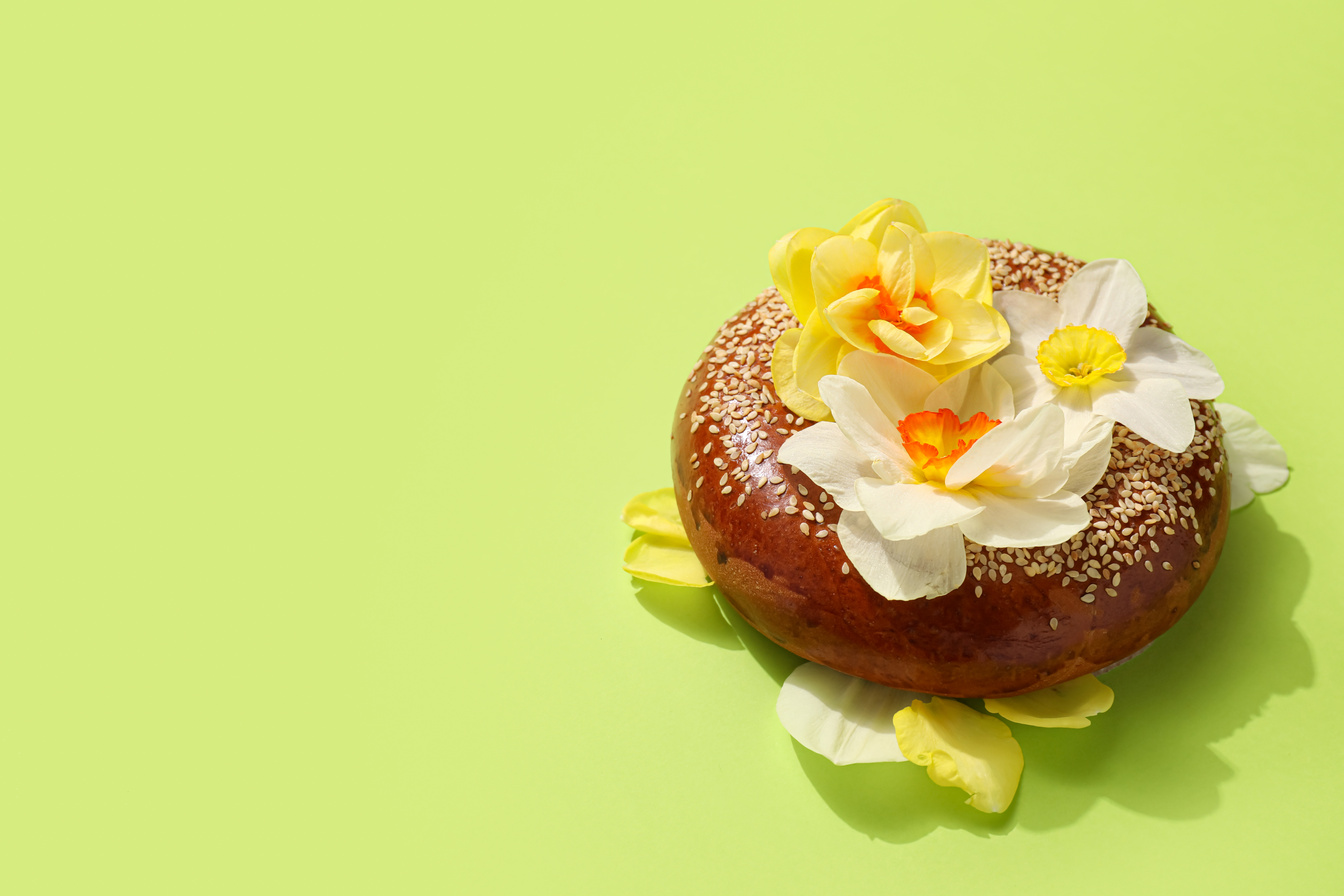Tasty Bagel and Beautiful Narcissus Flowers on Color Background